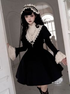 This price includes a dress only, others are not included.  This exquisite piece features intricate rose and snake bone embroidery on the bodice, adding a touch of gothic sophistication. The adjustable lace-up back ensures a tailored fit, conveniently designed with a zipper at the back, this dress is easy to slip on and off. Embrace your inner gothic nun with this stunning and meticulously crafted Lolita dress. SizeSMLXLFull Length79828588Bust84899499Waist66717681Neck Circumference4041.54344.5Sl Gothic Nun, Bone Embroidery, Fairycore Dress, Fairycore Clothes, Dark Academia Clothes, Academia Clothes, Cottagecore Outfits, Kawaii Dress, Black And Beige