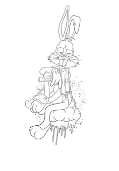 a drawing of a rabbit sitting on top of a pile of trash cans in the air