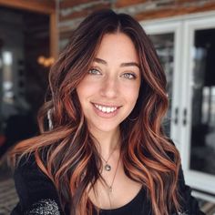 Dark Hair With Copper Balayage, Dark Hair With Copper, Copper Hair With Lowlights, Dark Hair With Copper Highlights, Hair With Copper Highlights, Brown Hair With Copper Highlights, Copper Lowlights, Hair Highlight Trends