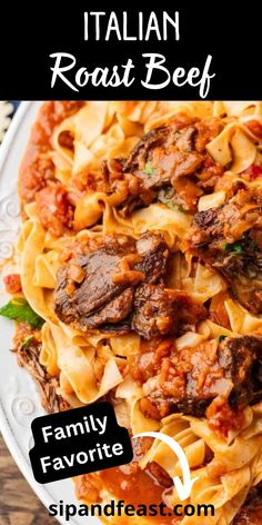 pasta with beef and tomato sauce on a white plate