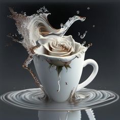 a white coffee cup with water splashing out of it and a rose in the middle