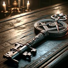 an antique looking key laying on top of a wooden table with candles in the background