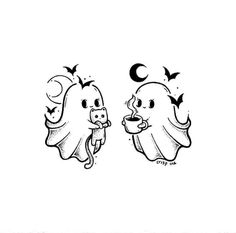 two ghost heads with bats flying over them and the moon above them, one is holding a