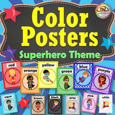 the color posters for superhero theme are displayed in front of a blue background with stars