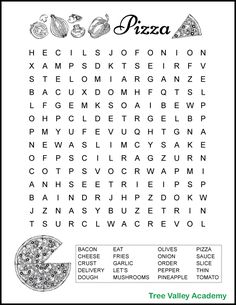 a pizza word search is shown in this printable activity sheet for kids to learn how to