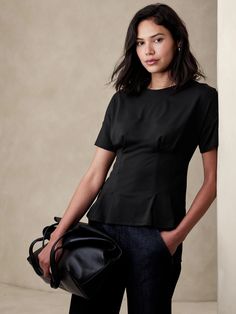 Ponte Corset T-Shirt | Banana Republic Factory Corset T Shirt, Knife Pleats, Banana Republic Factory, Drop Shoulder, Banana Republic, Short Sleeves, Crew Neck, Black And White, T Shirt