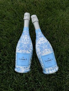 two blue and white bottles sitting in the grass