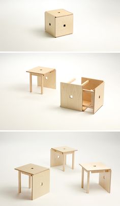 three different views of small tables and stools made out of plywood planks