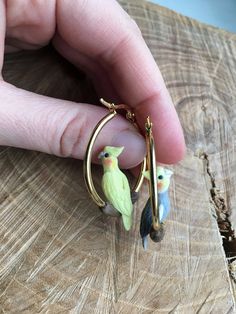 a person is holding two small birds in hoop earrings