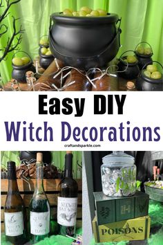 an easy diy witch party with green decorations and wine bottles on the table for halloween