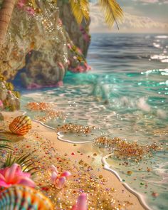 the beach is filled with shells and confetti as well as palm trees,