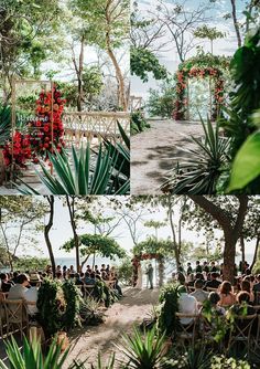 wedding ceremony in the woods with red flowers and greenery