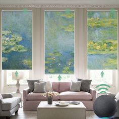 a living room filled with furniture and large windows covered in art nouveau style blinds that look like water lilies