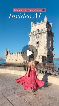 a woman in a long pink dress is walking towards the tower of london with text that reads, my secret to gain time