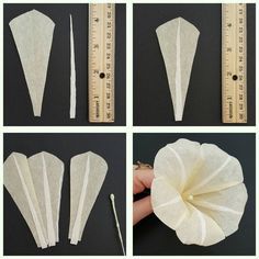 four pictures showing how to make paper flowers with tape and scissors on the side, along with measuring tape