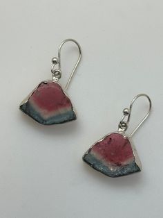 "These earrings have been hand fabricated from sterling silver and fine silver and Watermelon Tourmaline.  They are suspended from sterling silver French ear wires.  Earring measurements: 1 1/4\" long by 5/8\" wide" Mixed Metal Earrings, Tourmaline Earrings, Blue Tourmaline, Spiny Oyster, Watermelon Tourmaline, Metal Earrings, Turquoise Earrings, Pink Tourmaline, Fine Silver