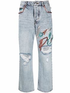 light blue/multicolour cotton blend acid wash stud embellishment high waist belt loops concealed front fastening wide leg cropped Luxury Jeans, Rich Outfits, Acid Wash Jeans, Embellished Jeans, Painted Jeans, One Clothing, Philipp Plein, Designer Jeans, Mood Board Fashion