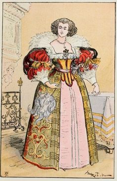 an old fashion illustration of a woman wearing a dress with red and gold trims