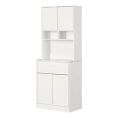 a white cabinet with two doors and drawers