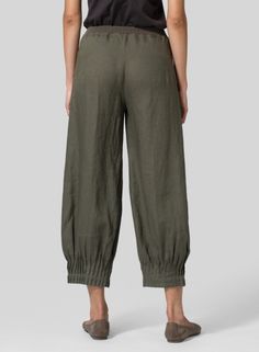 Linen Regular Fit Crop Pants - Plus Size Casual Linen Pants For Casual Gatherings, Solid Linen Ankle-length Harem Pants, Relaxed Linen Harem Pants For Loungewear, Baggy Linen Wide Leg Lounge Pants, Baggy Linen Wide Leg Pants For Loungewear, Solid Linen Harem Trousers, Solid Linen Loungewear Bottoms, Linen Bottoms With Pockets For Casual Gatherings, Loosely Fitted Linen Harem Pants