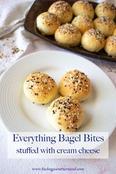 everything bagel bites are stuffed with cream cheese and sprinkled with sesame seeds