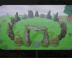 Acnh Villager Yard Size, Animal Crossing Stonehenge, Cool Animal Crossing Designs, Acnh Stonehenge Ideas, Acnh Bigfoot, Acnh Stonehenge, Acnh Fossil Display, Acnh Swinging Bench Ideas, Acnh Cliff Decoration