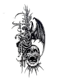 a black and white drawing of a skull with a demon on it's back