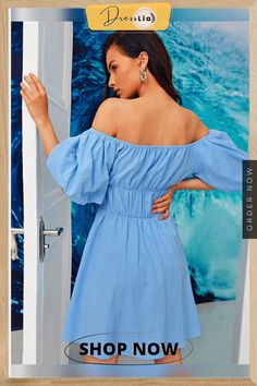 Sky Blue Dress Casual One Line Collar Dress Ins Style Light Blue Off-shoulder Midi Dress, Blue Off-shoulder Spring Dress, Blue Off-shoulder Sundress Mini Dress, Blue Off-shoulder Sundress, Spring Blue Off-shoulder Mini Dress, Light Blue Off-shoulder Mini Dress, Light Blue Off-shoulder Mini Dress For Summer, Light Blue Off-shoulder Beach Dress, Off-shoulder Blue Dress For Beach