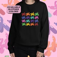 Inspired by the cute Kidcore Clothing and Indie Sweatshirt, this balloon dog sweatshirt, pullover or however you may call it is perfect to keep you warm in style. The Kidcore aesthetic or Clowncore aesthetic inspired design of this trendy unisex pullover will surely make anyone love that pop of color. It's a perfect gift for anyone you know who loves anything cute and kawaii. Available in Small, Medium, Large, XL, 2XL, 3XL, 4XL and 5XL ✨ Milk Designs Original ✨ 50% cotton, 50% polyester ✨ Medium Playful Multicolor Sweatshirt For Streetwear, Casual Multicolor Screen Print Sweatshirt, Casual Multicolor Sweatshirt With Screen Print, Multicolor Crew Neck Sweatshirt With Cartoon Print, Playful Crew Neck Sweatshirt For Streetwear, Multicolor Long Sleeve Sweatshirt With Screen Print, Fun Black Sweatshirt With Graphic Print, Playful Multicolor Graphic Print Sweatshirt, Indie Sweatshirt