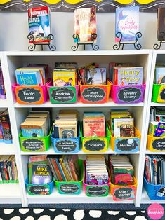 a book shelf filled with lots of books on top of white shelving unit next to polka dot wall