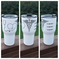 three shots of the same tumbler cup with different medical symbols on it, one is white and the other is black