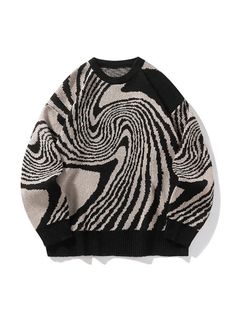 Men's Crew Neck Geometric Jacquard Knit Sweater - AnotherChill Pullover Mode, Pull Oversize, Vintage Pullovers, Sweater Oversize, Japanese Streetwear, Estilo Chic, Aesthetic Women, Jacquard Knit, Pattern Sweater