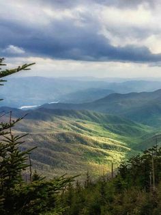 the mountains are covered in green and yellow foliage under a cloudy sky with dark clouds