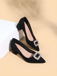 Rhinestone Decor Faux Suede Chunky Heeled Court Pumps | SHEIN USA Black Strappy Sandals Heels, Stylish Shoes Heels, Shoe Storage Design, Look Formal, Poshmark Shoes, Bridal Sandals, Wedding Shoes Heels