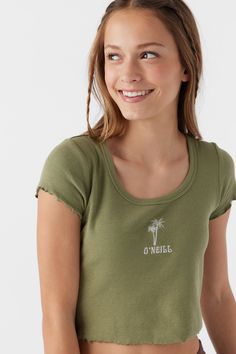 O'Neill Girl's knit short sleeve top Skim length Lettuce Hem and Sleeve Openings Crew neckline Embroidered Art 96% Cotton, 4% Elastane Knit Rib Basic Green Scoop Neck T-shirt, Green Basic Scoop Neck T-shirt, Green Scoop Neck Basic T-shirt, Casual Green Scoop Neck T-shirt, Green Scoop Neck T-shirt, Cute Green Crew Neck Top, Green Scoop Neck T-shirt For Spring, Green Cotton Scoop Neck T-shirt, Green Scoop Neck Cotton T-shirt