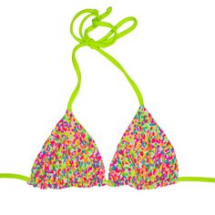 A fan favorite triangle bikini top. You can never have too many triangle tops. You will get the perfect tan all the way around. Featured in our Funfetti fabric with the Lime fabric on the reverse side. They pair well with the Funfetti & Lime BUOY Bottoms. Available in sizes XS-XL. All of our tops and bottoms are reversible which means you get 2-4 suits out of each pair. Details This style runs true to size. Bella is 5'5" wearing a size small. Funfetti: 82% Nylon & 18% Spandex Lime: 82% N Multicolor Triangle Swimwear For Summer, Triangle Swimwear For Spring Poolside, Playful Adjustable Triangle Top Swimwear, Multicolor Triangle Swimwear For Beachwear, Multicolor Triangle Swimwear Beachwear, Multicolor Triangle Beachwear Swimwear, Playful Triangle Top Swimwear For Beach Party, Fitted Triangle Swimwear For Poolside, Triangle Beachwear Swimwear For Festival