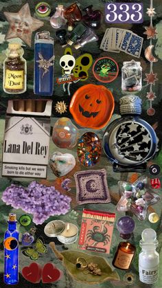 there are many different items on this collage, including bottles and magnets in the shape of pumpkins