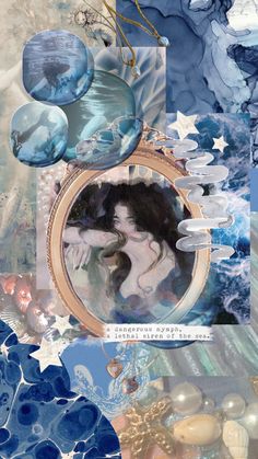 a collage of blue and white artwork with an image of a woman in a mirror