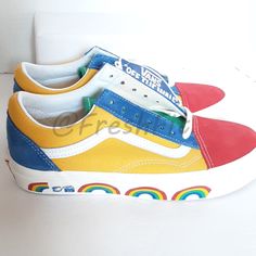 Size: Men's 6.0 / Women's 7.5 Color: Anaheim Factory Og Color Mix/Scene As Multi-Color Yellow, Blue, Red, Green, White - Canvas And Suede Upper. Yellow Sides And Green Tongue Are Canvas. Red And Blue Sections Are Suede. - Waffle Rubber Outsole. - Rainbows Printed Around Midsole. - White Lace-Up. - Condition Note: There Is A Small Imperfection To The Canvas On The Right Shoe (See Photos 6-7 Close Ups). Rare! New With Tag, Without Box As Pictured. 100% Authentic From Vans. See Photos For Details. Retro Multicolor Low-top Skate Shoes, Retro Yellow Sneakers For Skateboarding, Yellow Retro Sneakers For Skateboarding, Multicolor Retro Skate Shoes, Retro Multicolor Skate Shoes For Sports, Retro Multicolor Skate Shoes With Round Toe, Colorful Retro Sneakers For Streetwear, Retro Colorful Sneakers For Streetwear, Vans Low-top Multicolor Skate Shoes