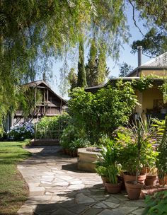 a house with lots of trees and plants in the front yard