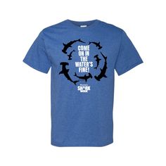 The placement of a hammerhead shark's eyes gives it 360-degree vision and a distinct predatory advantage when searching for its next meal. Though hammerhead attacks on humans are rare, this Shark Week(TM) t-shirt features a thrilling design of circling hammerheads with the amusing invitation, "Come on in the water's fine!" This blue t-shirt is great as a gift for Shark Week(TM) fans or the perfect comfy shirt to wear for your weekend activities.o Fits sizes 38-40.o Brand: Fruit of the Loomo Shor Shark Week Party, Cheer Gear, Hammerhead Shark, Shark Shirt, Weekend Activities, Shark Week, Comfy Shirts, Blue T Shirt, Blue T