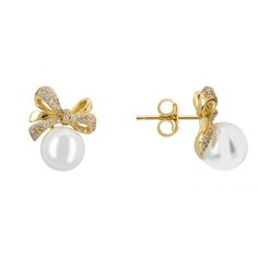 Add a luxurious touch to your ensemble with the Ribbon Bow Pearl Stud Earrings in gold as these earrings exude opulence.  The design features a beautifully tied bow, with each loop embellished with glittering cubic zirconia. A radiant round Majorica pearl is fixed elegantly at the base of the bow.  Ideal for any occasion where you wish to wear pearls, these earrings are versatile enough to be worn with both casual and formal outfits. Let these earrings elevate your style whenever you desire to w White Ribbon Bow, Wear Pearls, Stud Earrings Gold, August Birthstone Jewelry, July Birthstone Jewelry, Formal Outfits, Earrings In Gold, Jewelry Ring Box, Pearl Jewellery Earrings