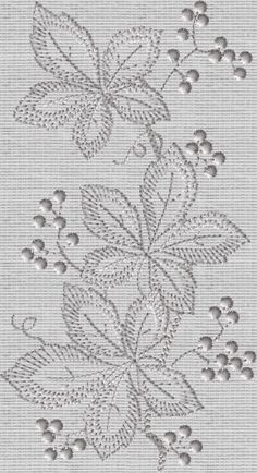 an embroidered design with flowers and leaves on a white background, in the style of cross stitch