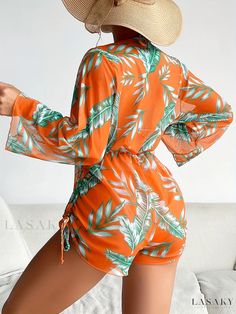 Lasaky - Womens 3-Piece Tropical Print Bikini Set with Halter V Neck, Tie Back, High Cut, and Swimsuit Cover Ups - Stylish Swimwear and Clothing Ensemble Tropical Green Vacation Sets, Trendy 2-piece Beach Set, Stretch Beachwear Sets For Spring, Spring Beachwear Sets With Stretch, Two-piece Long Sleeve Set For Vacation, Two-piece Swimwear For Swimming In Summer, Long Sleeve Tropical Print Swimwear, Casual Orange Swimwear For Vacation, Long Sleeve Tropical Print Beachwear