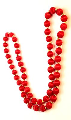 VINTAGE Red Silk Thread Round Beaded 26" Necklace Vintage Red Hand-strung Beaded Necklaces, Hand-strung Beaded Necklaces With Round Beads For Party, Hand-strung Beaded Necklaces For Party With Round Beads, Hand-strung Beaded Necklace For Party With Round Beads, Traditional Red Beaded Necklace For Formal Occasions, Red Long Beaded Necklaces For Party, Red Long Beaded Necklace For Party, Long Red Beaded Necklaces For Parties, Elegant Red Beaded Necklace For Christmas