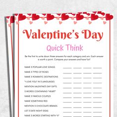 valentine's day quick think game with hearts on the top and words below it