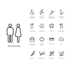 some black and white icons are shown on a white background with the words restrooms