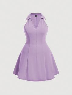 Plus Solid Backless Halter Neck Backless Dress Purple Elegant  Sleeveless Knitted Fabric Plain A Line Medium Stretch  Women Plus Clothing, size features are:Bust: ,Length: ,Sleeve Length: Halter Dress With Sleeves, Purple Dress Aesthetic, Fancy Short Dresses, Group Costumes, Dress Aesthetic, Rainbow High, Halloween 2024, Kids Beachwear, Collar Dress