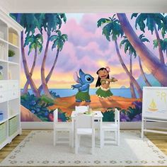 a child's room with a mural depicting lili and tiki