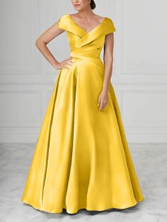 Fabric: Satin   Silhouette:   A-Line/Princess    Neckline: V-Neck   Hemline/Train: Floor-Length   Embellishment: Ruched   Sleeve: Short Sleeves   Shown Color: Royal Blue Yellow Dresses, Ruched Sleeve, Spring Sale, Bride Dresses, Mother Of The Bride Dresses, Yellow Dress, Bride Dress, Mother Of The Bride, Floor Length